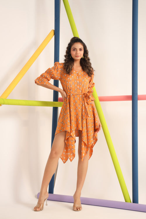 Motif on Orange Silk Mini Dress