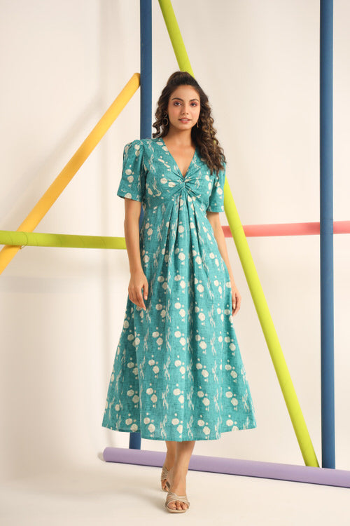 Turquoise Cotton Front knot MIDI Dress