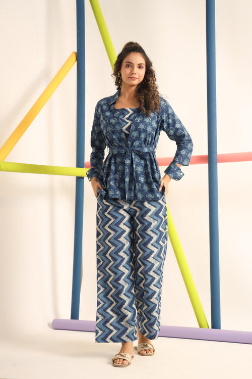 Daabu with Zigzag on Blue Cotton three piece set