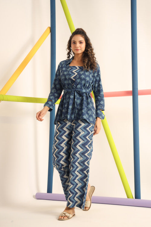 Daabu with Zigzag on Blue Cotton three piece set