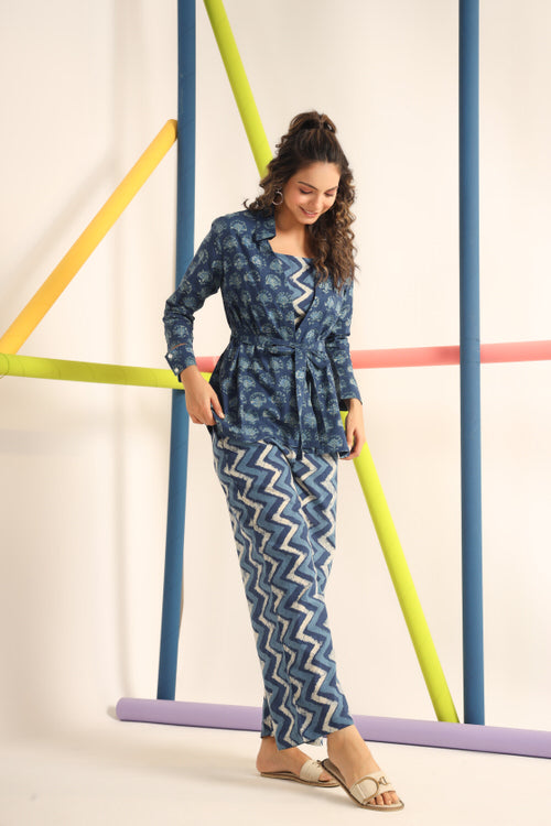 Daabu with Zigzag on Blue Cotton three piece set