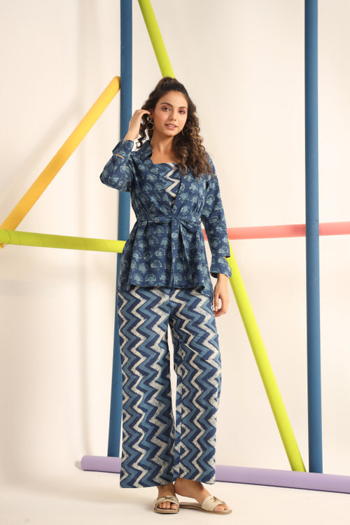 Daabu with Zigzag on Blue Cotton three piece set