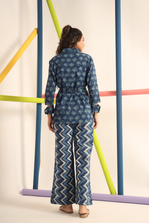 Daabu with Zigzag on Blue Cotton three piece set