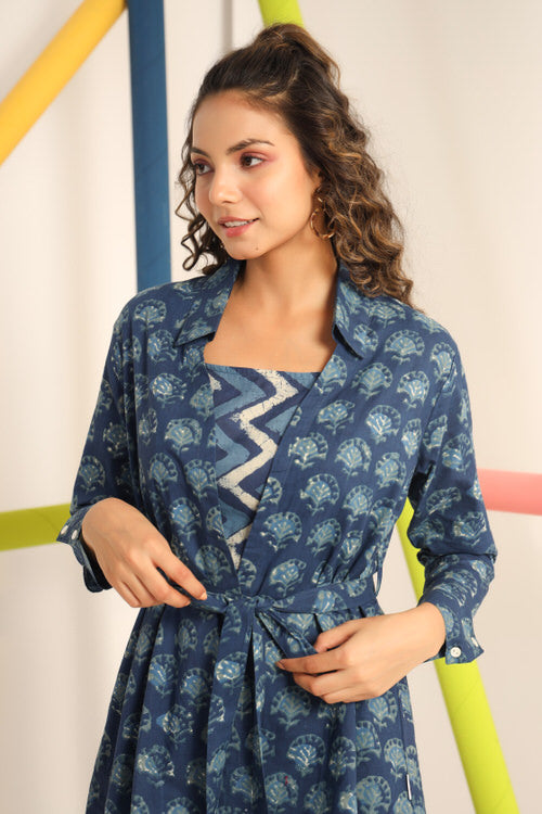 Daabu with Zigzag on Blue Cotton three piece set