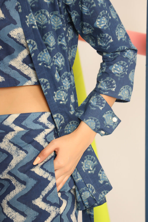 Daabu with Zigzag on Blue Cotton three piece set