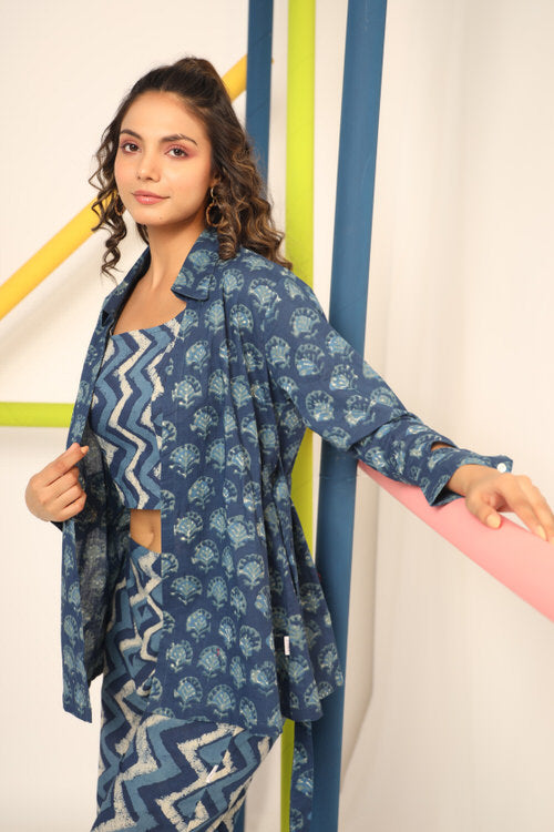 Daabu with Zigzag on Blue Cotton three piece set