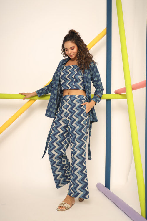 Daabu with Zigzag on Blue Cotton three piece set