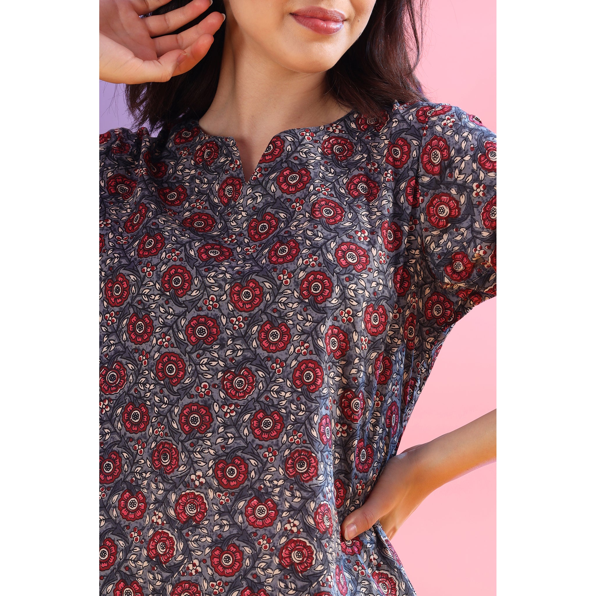 Flower Patterned with Contrast Stripes on Grey Loungewear Top Set