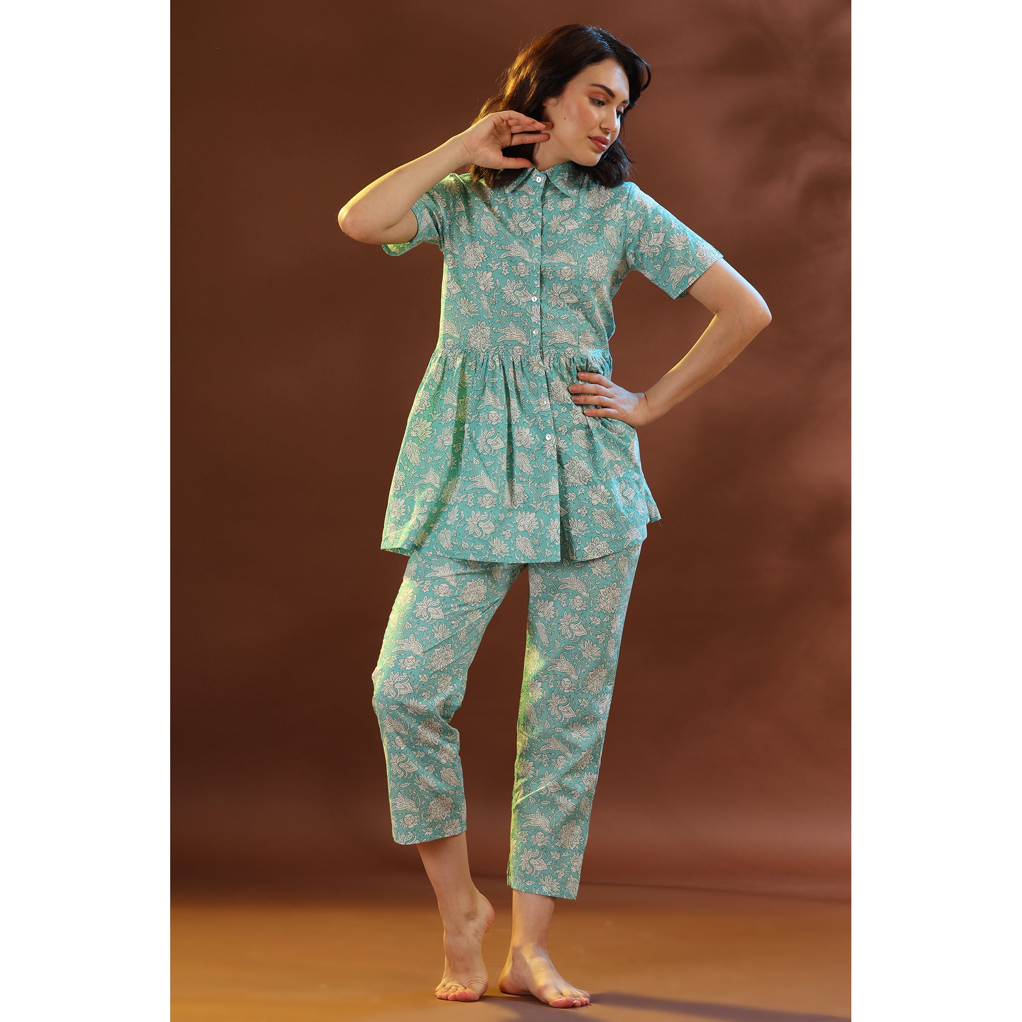 Nomadic Folk on Light Blue Loungewear Top Set