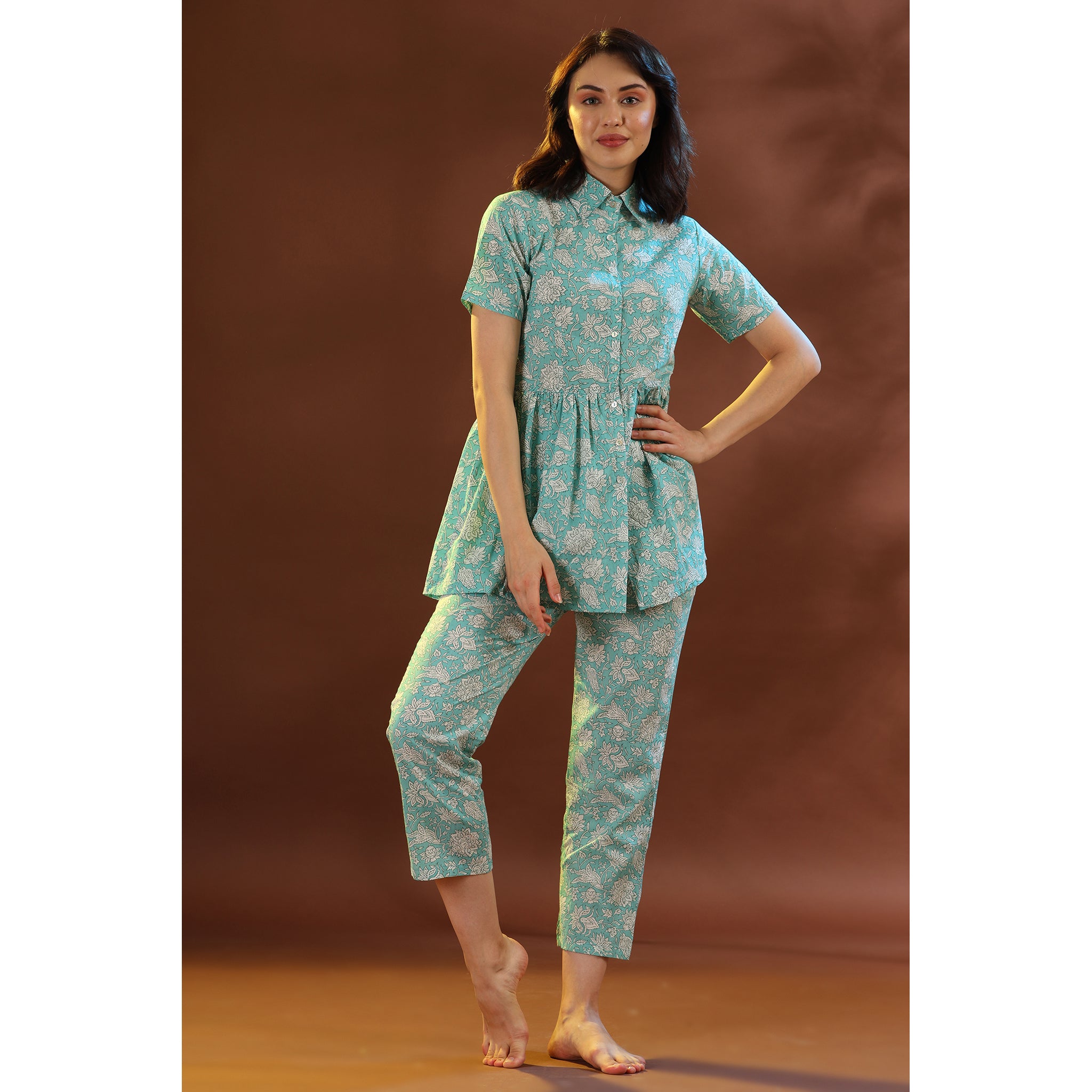 Nomadic Folk on Light Blue Loungewear Top Set