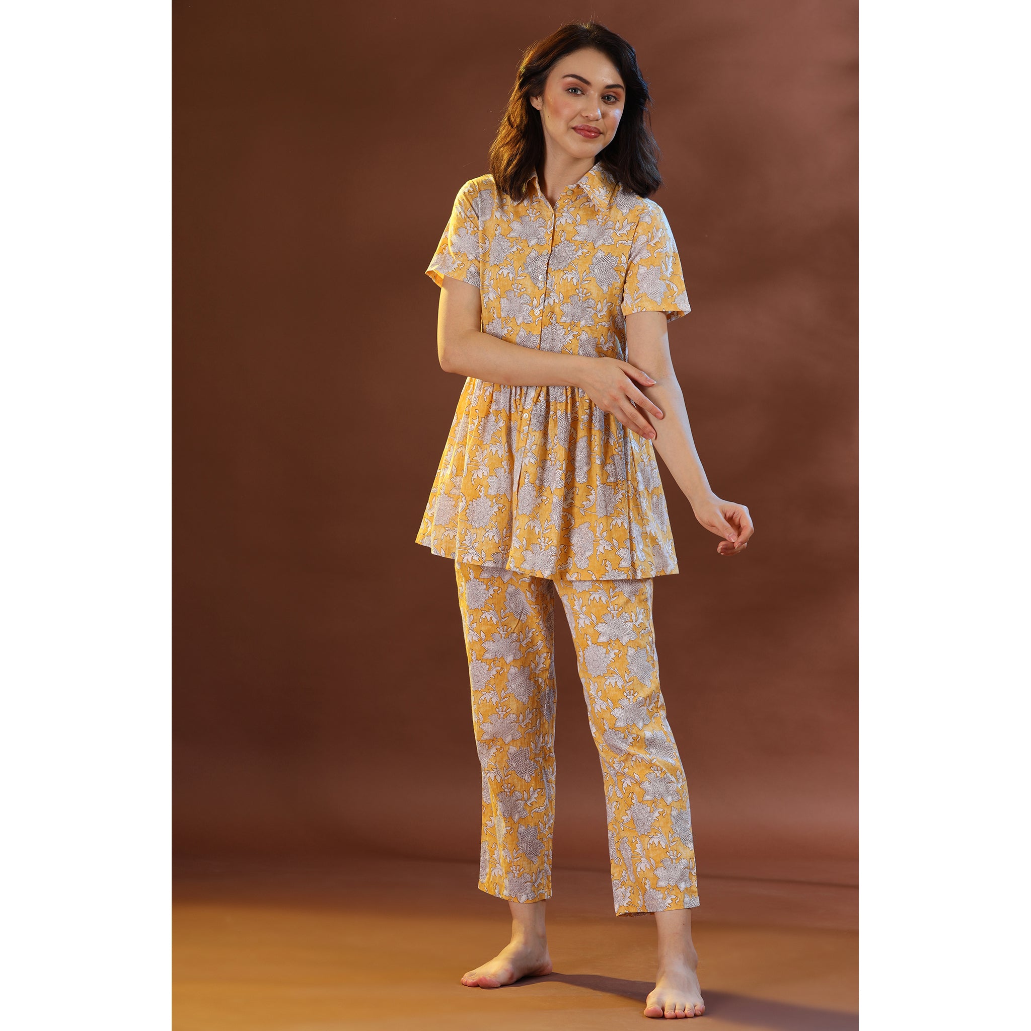 Floral Mosaic on Yellow Loungewear Top Set