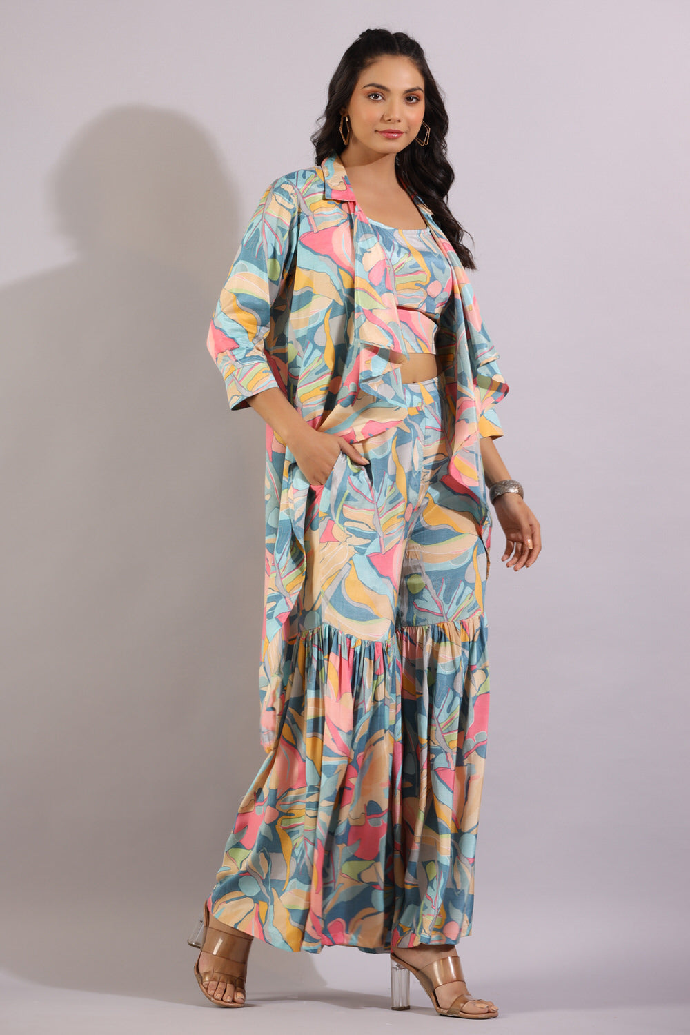 Abstract Art on Blue Three Piece Silk Co-ord Set