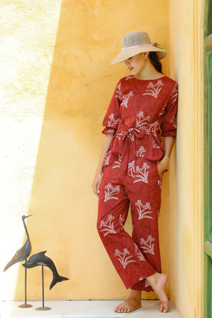 Shibori with Front Knot on Maroon Cotton Co-ord Set