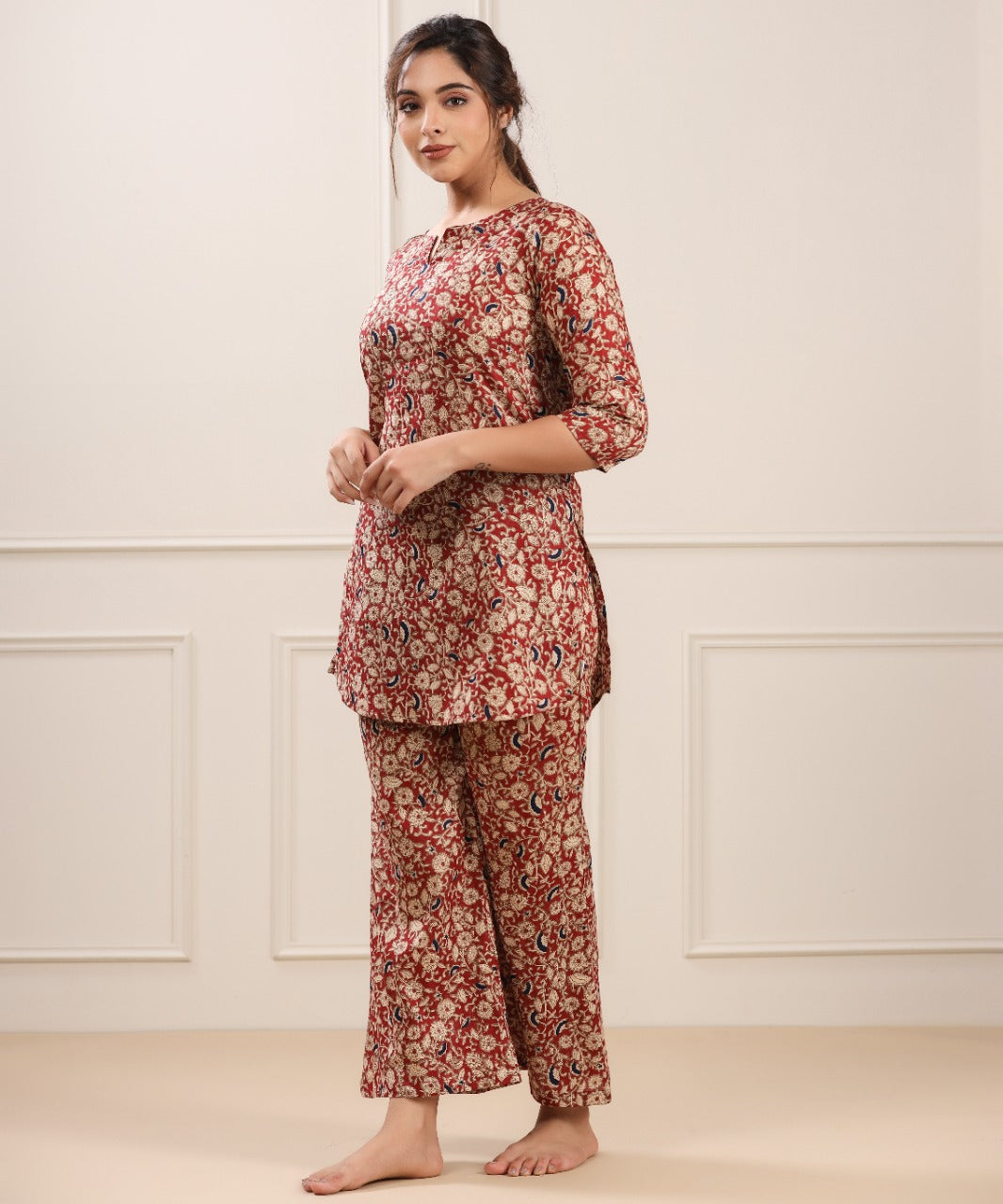 Floral Canopy on Red Cotton Palazzo Loungewear Set