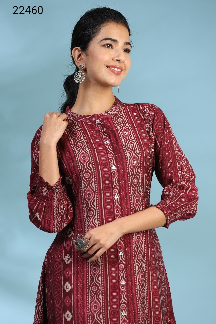 Parallel Motifs on Maroon Silk MIDI Dress