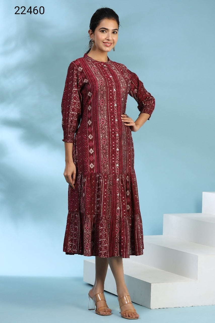 Parallel Motifs on Maroon Silk MIDI Dress