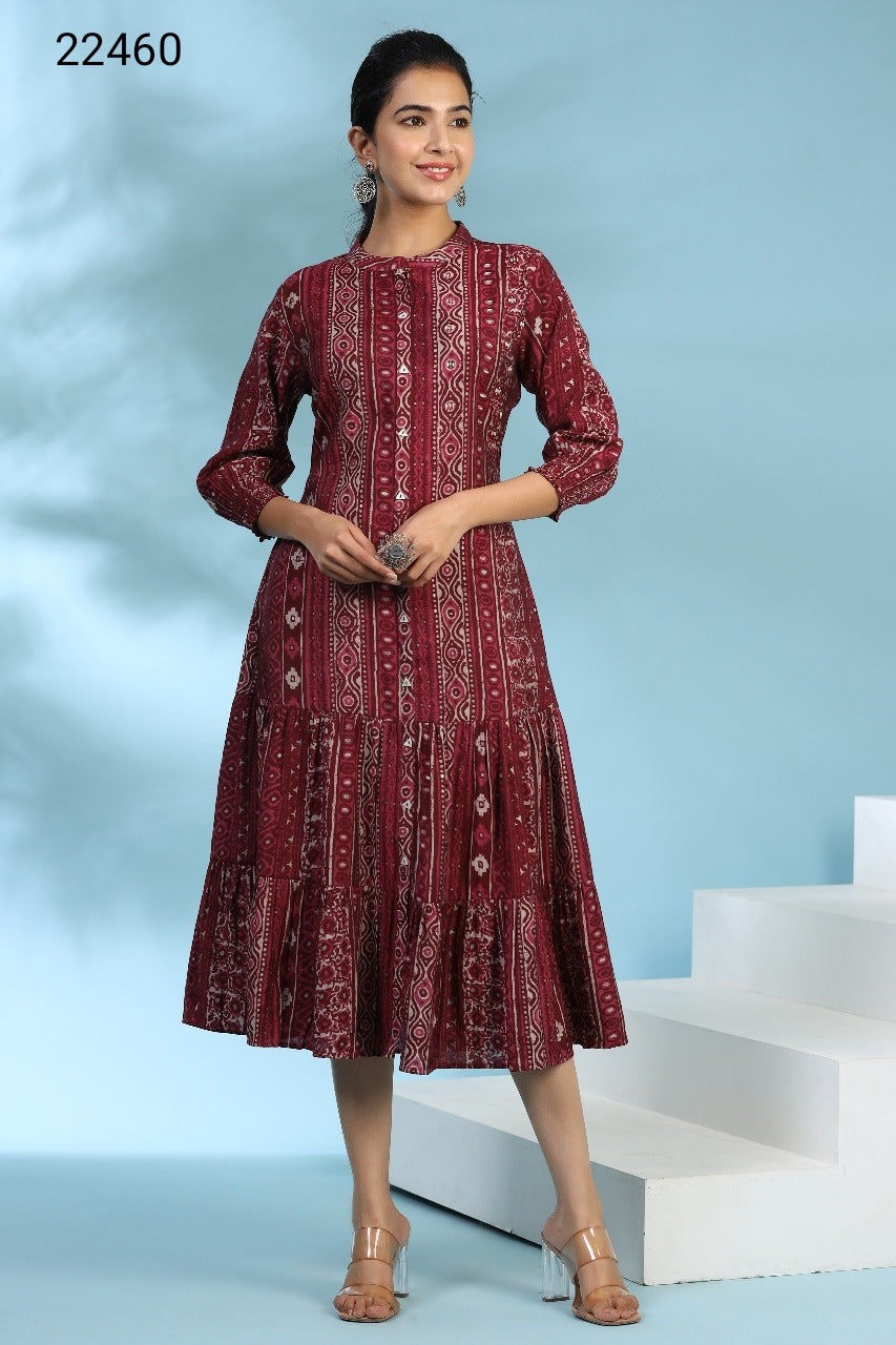 Parallel Motifs on Maroon Silk MIDI Dress