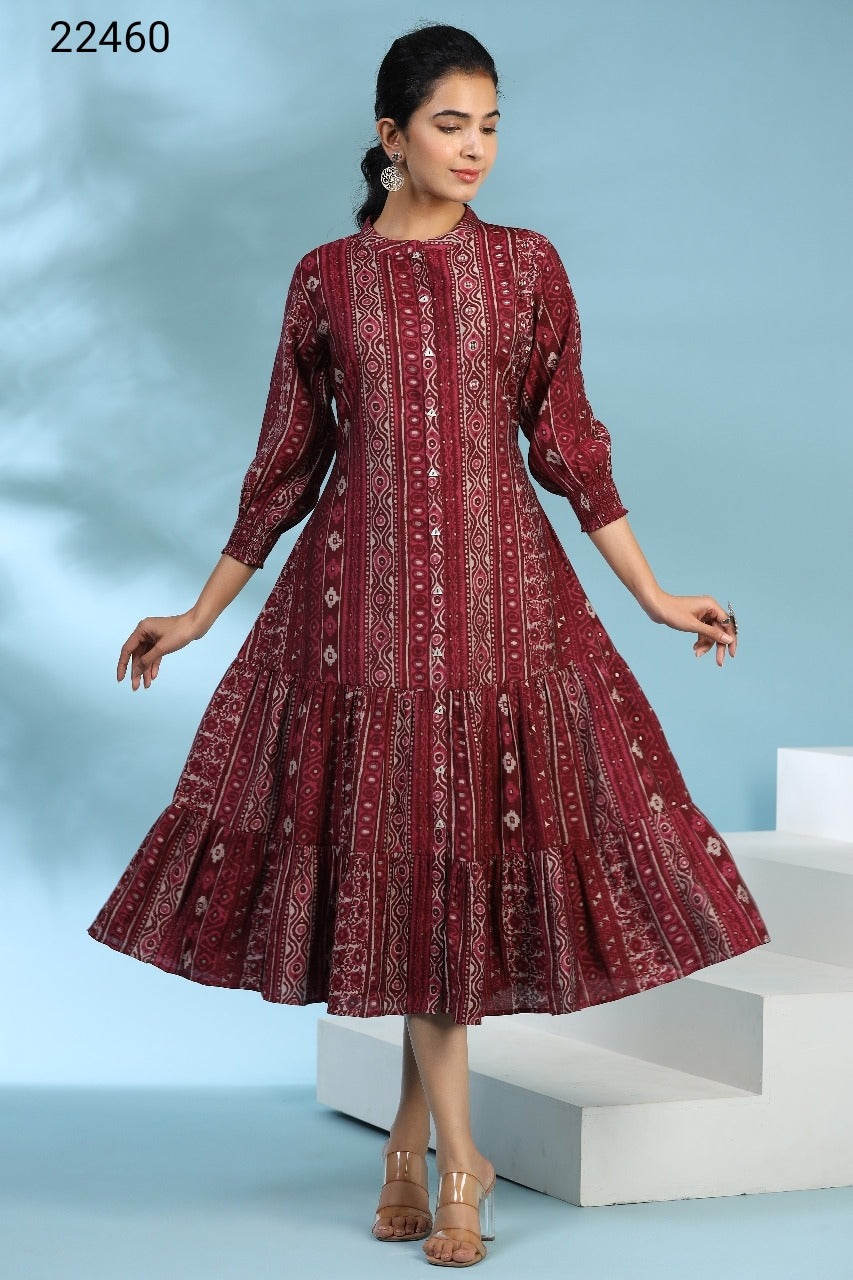 Parallel Motifs on Maroon Silk MIDI Dress