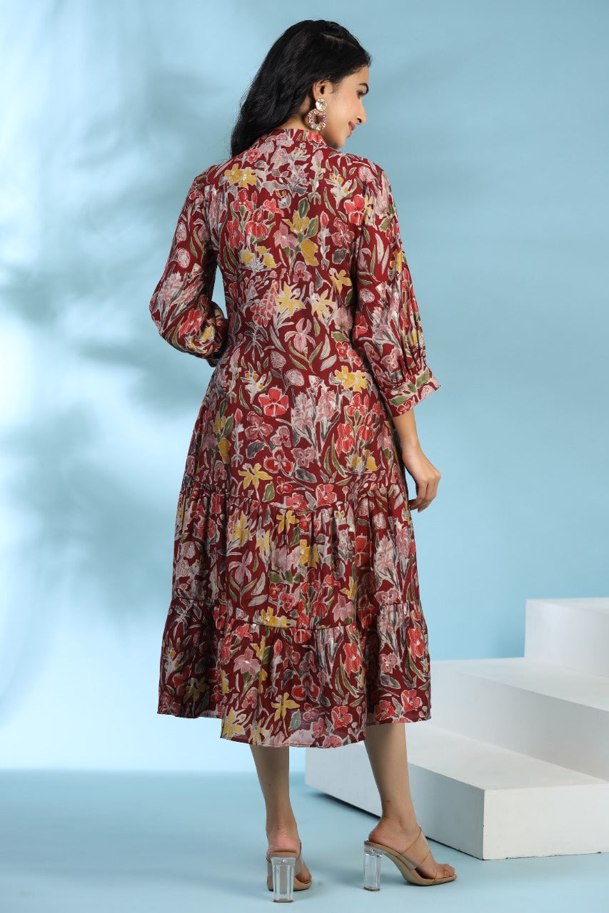 Floral Canopy on Maroon Silk MIDI Dress