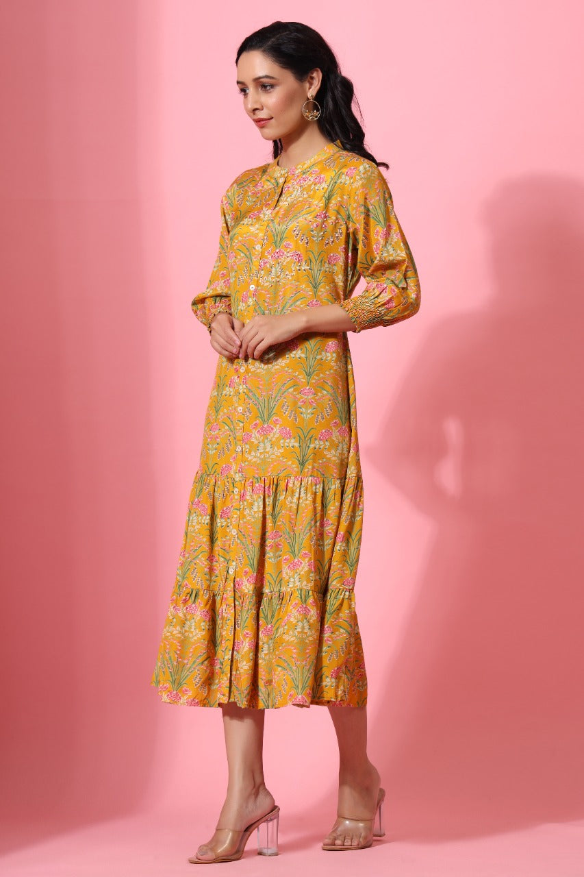 Forrest Enchanted on Mustard Silk midi Dress