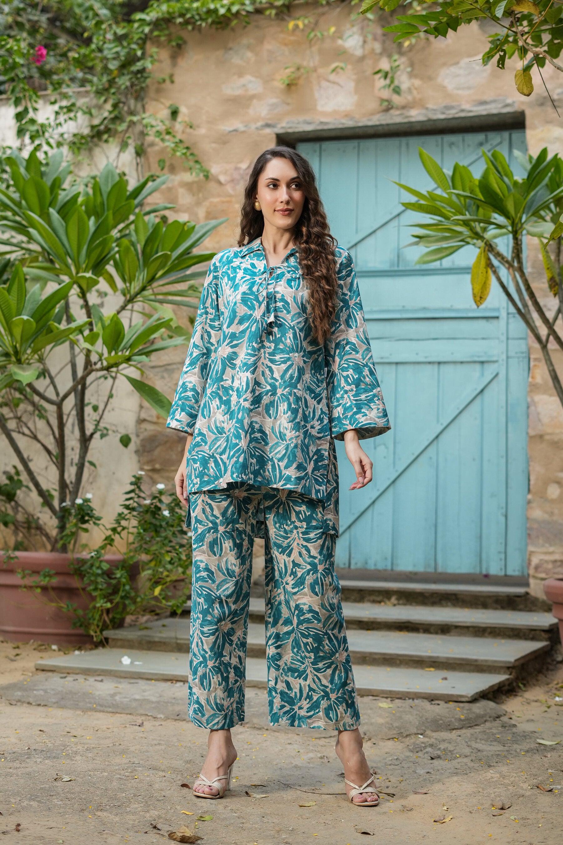 Floral Filigree Cotton Palazzo Loungewear Set