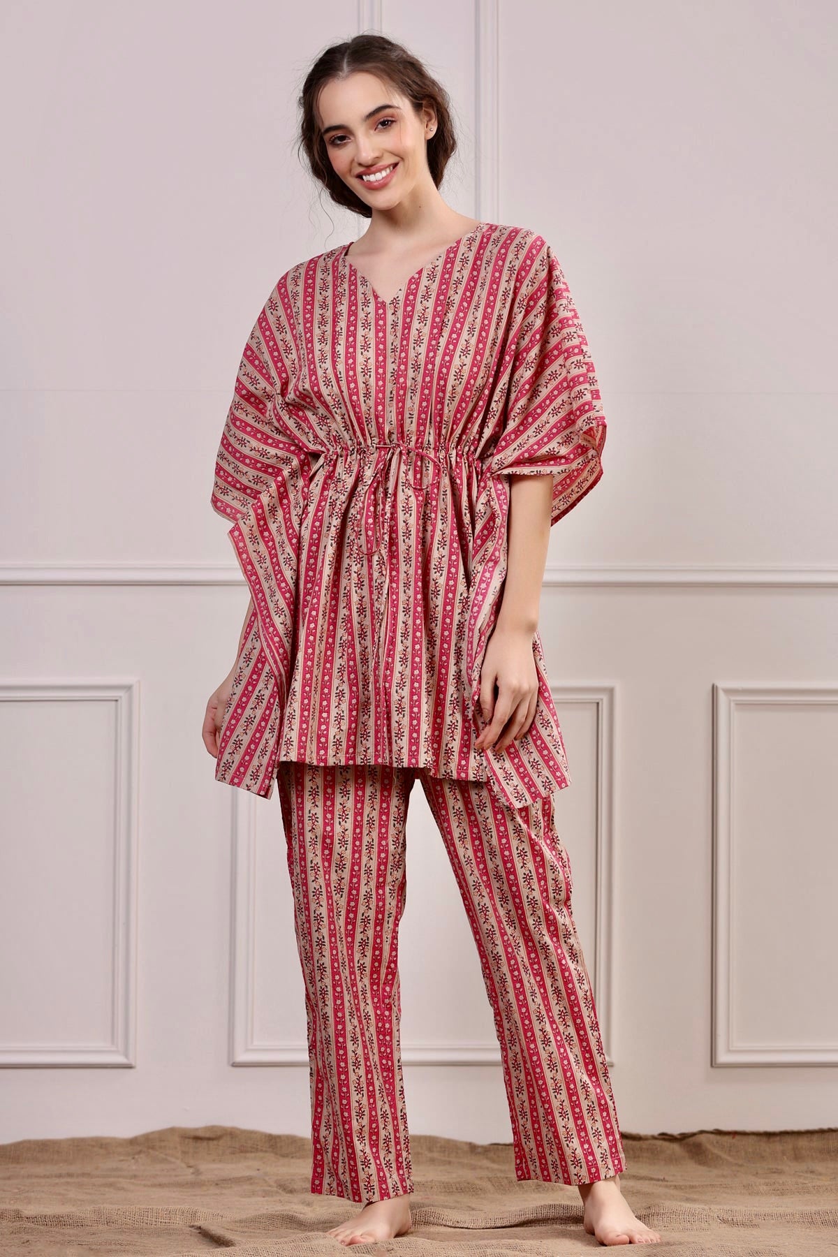 Patterned Twines on Pink Kaftan Pyjama Set