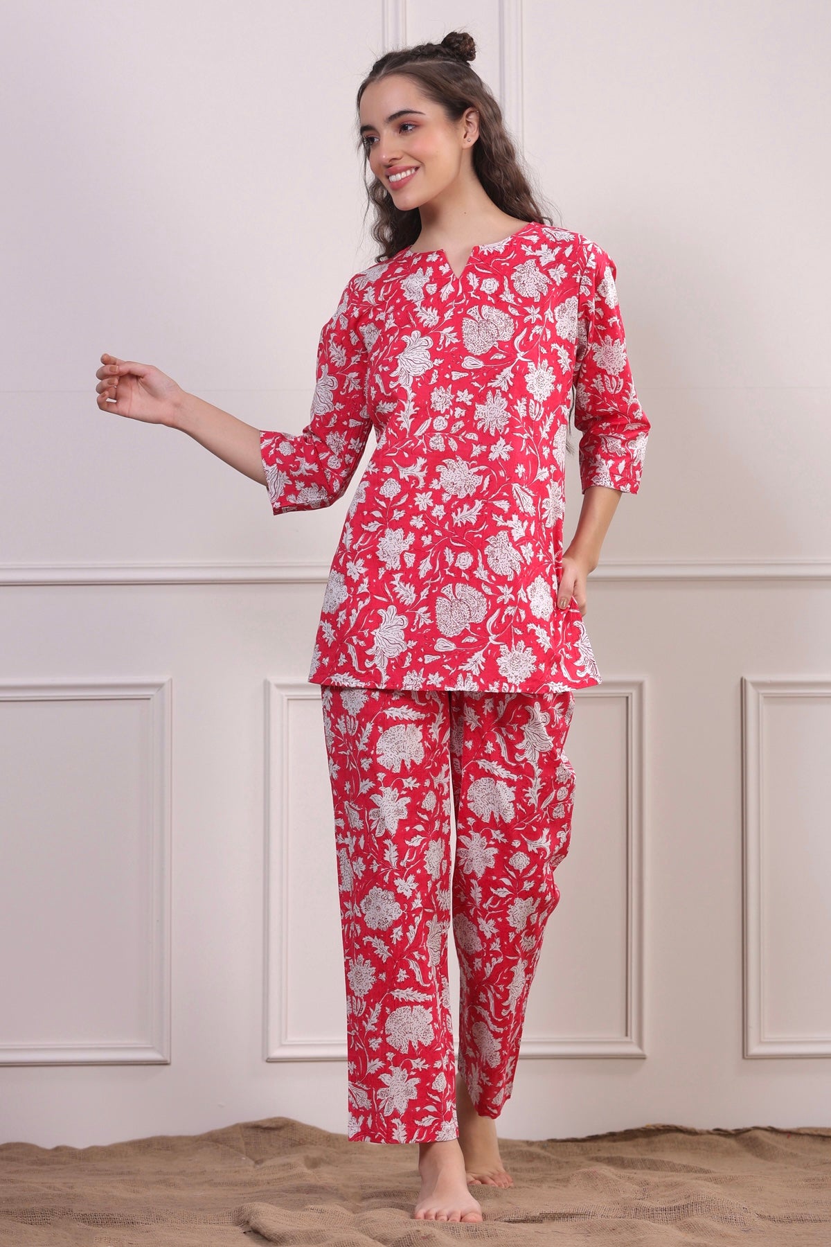 Floral Jaal On Pink Loungewear Top Set