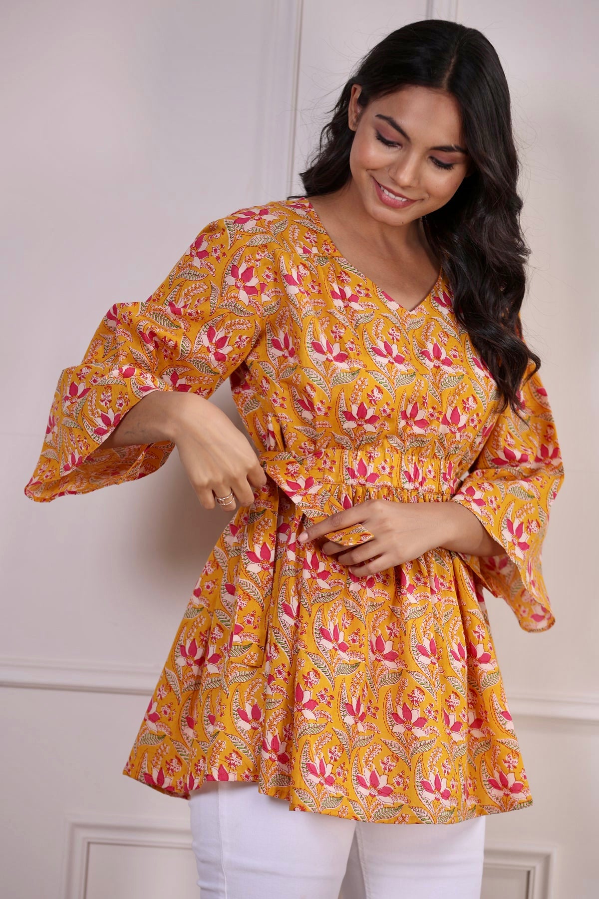 Saffron Print Cotton Short Kurti