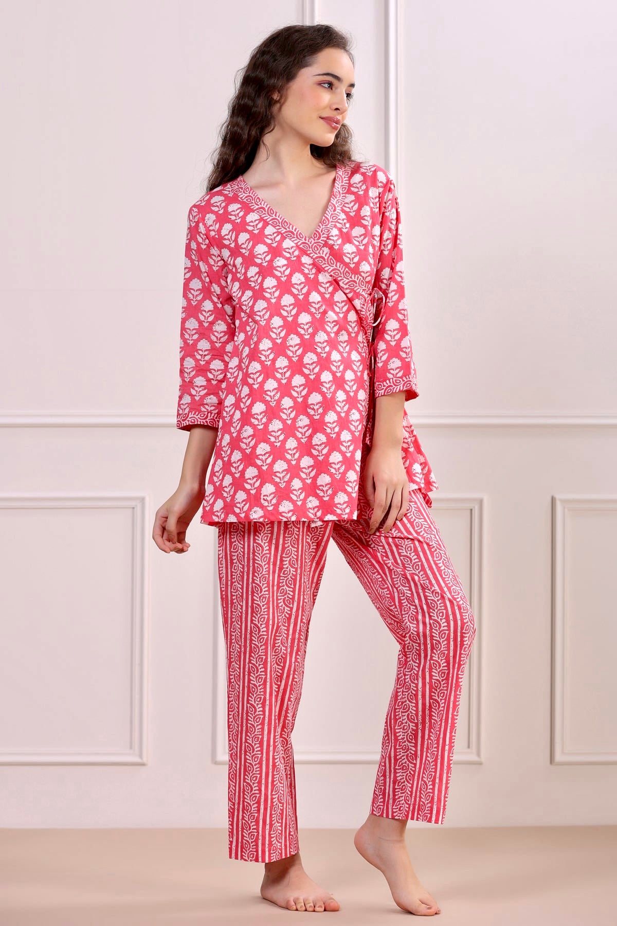 Roses with Floral Stripes on Pink Loungewear Top Set