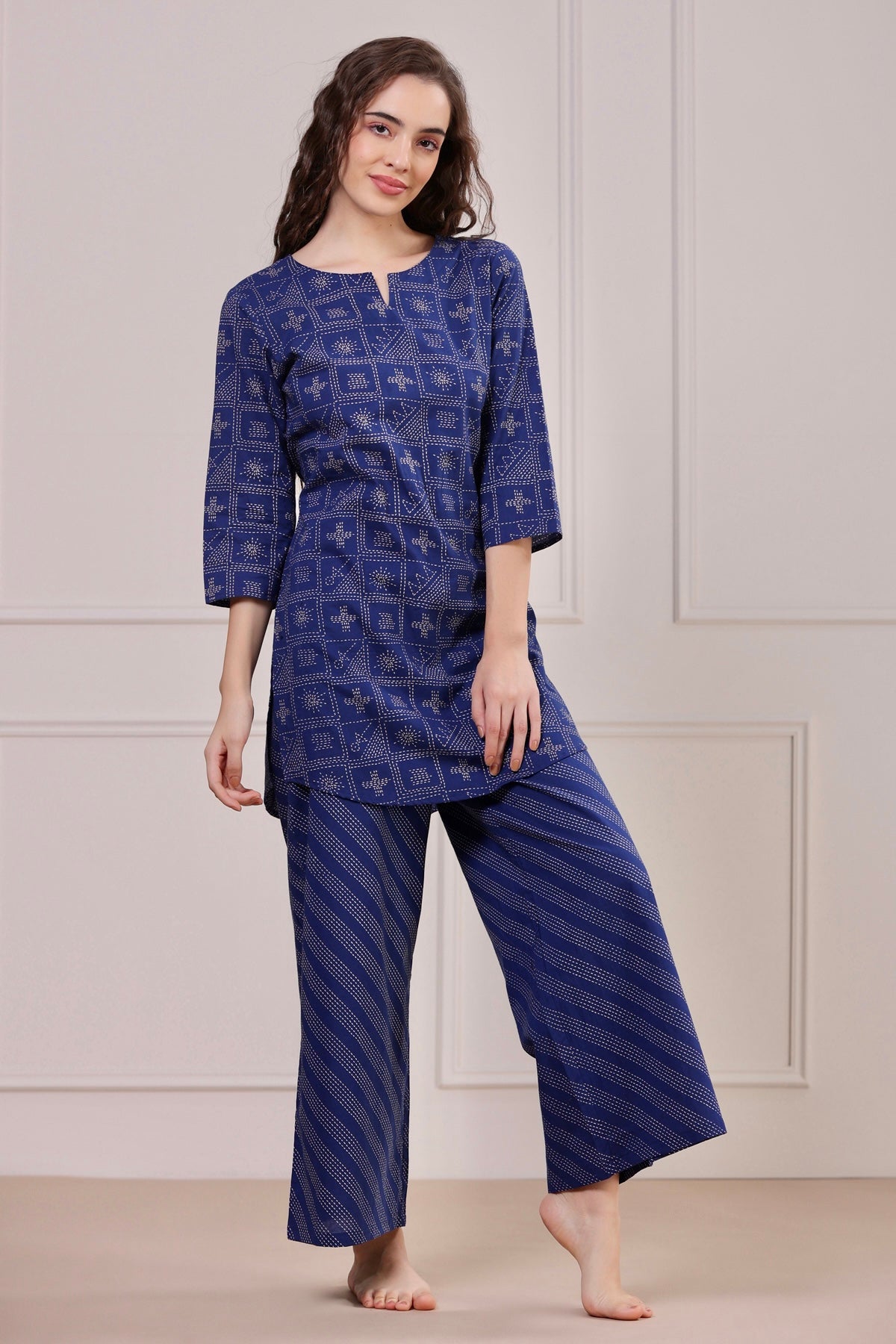 Geometrical Weaves on Blue Loungewear Top Set