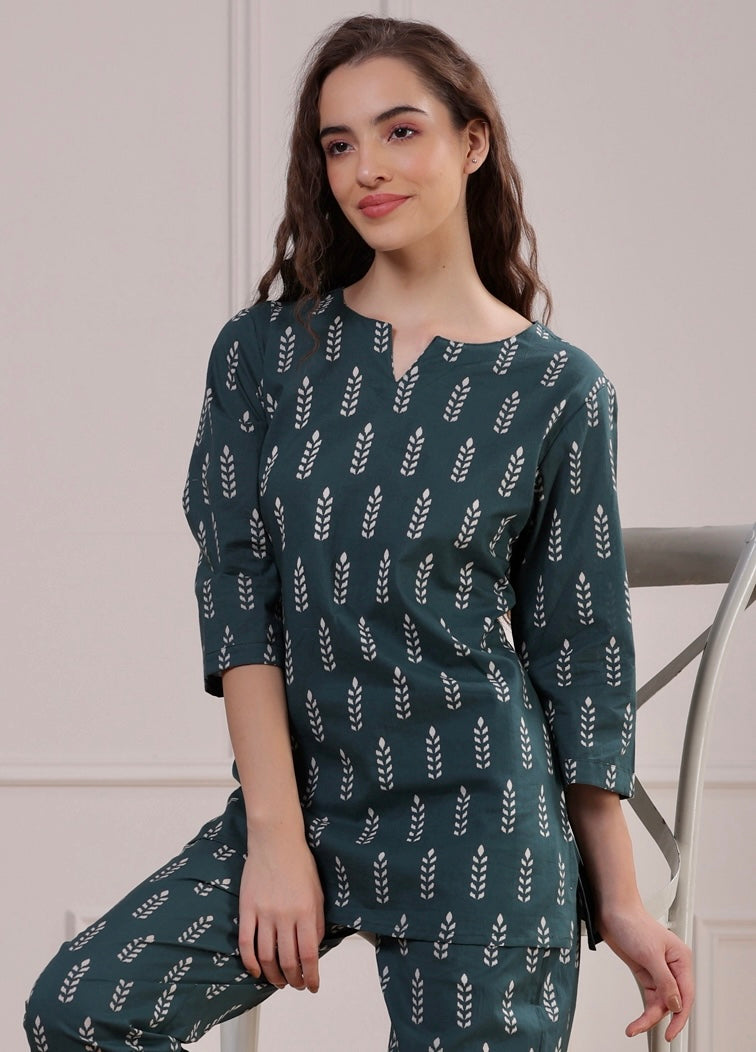 Minimalist Motif On Teal Green Loungewear Top Set