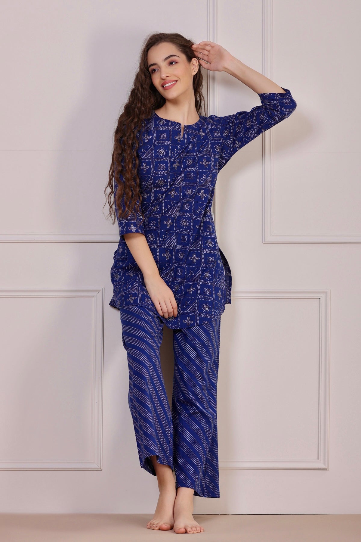 Geometrical Weaves on Blue Loungewear Top Set