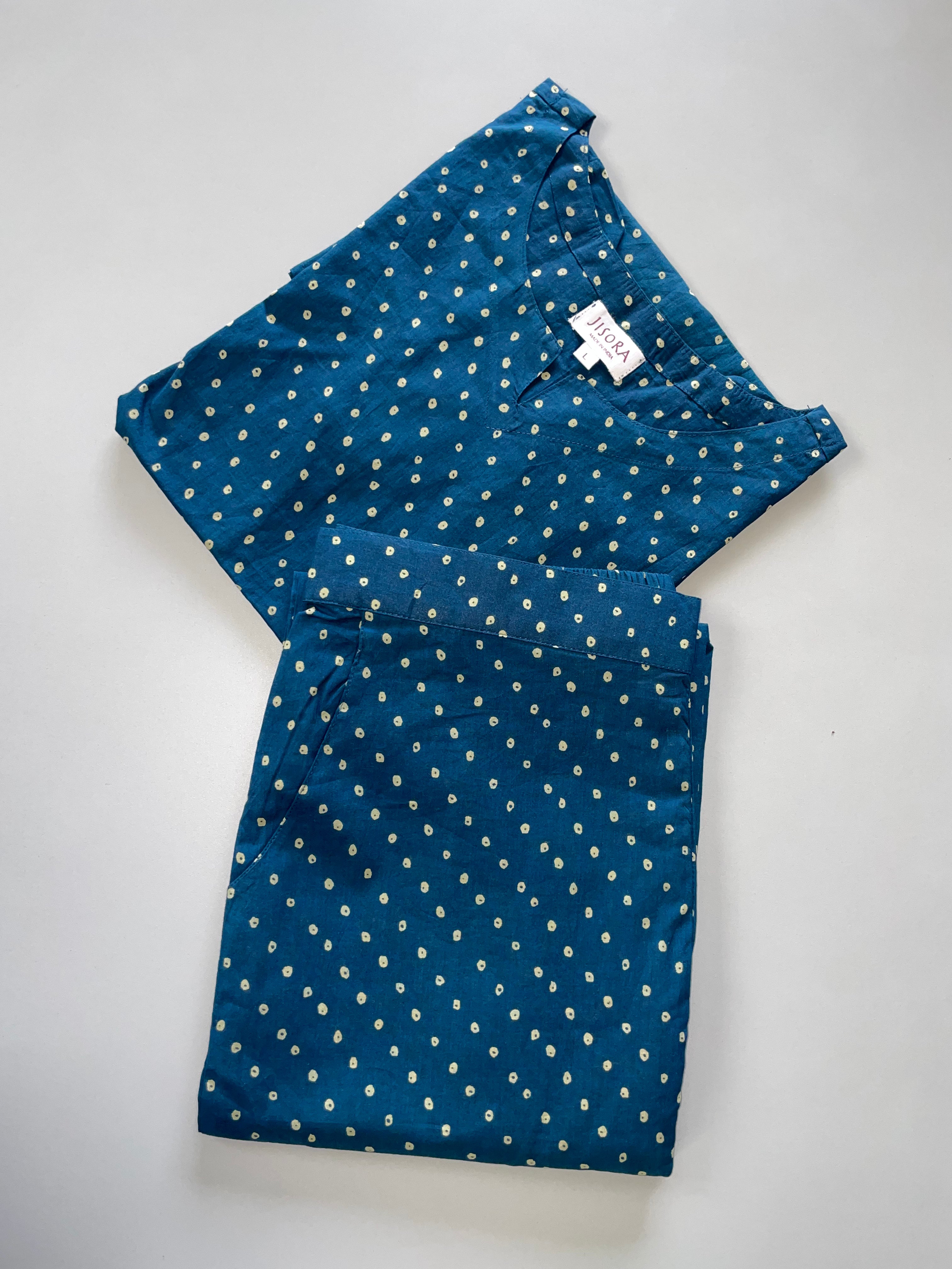 White Polka dots on Blue Loungewear Top Set