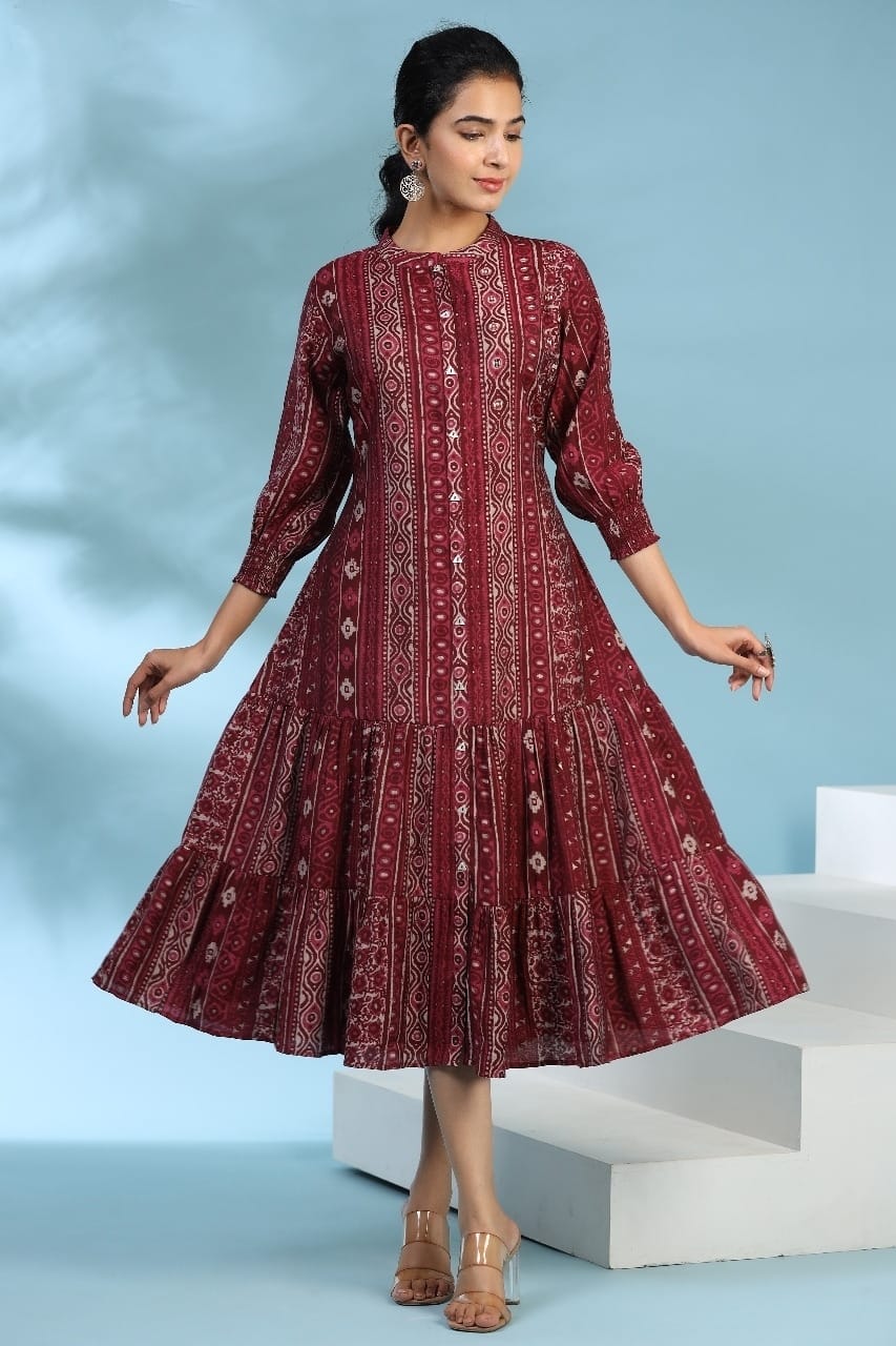 Parallel Motifs on Maroon Silk MIDI Dress