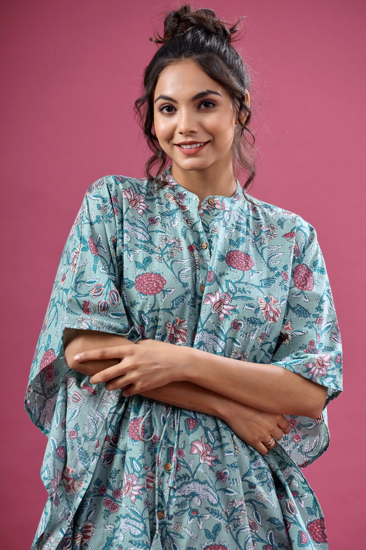 Floral Jaal on Sea Green Front Buttoned Kaftan