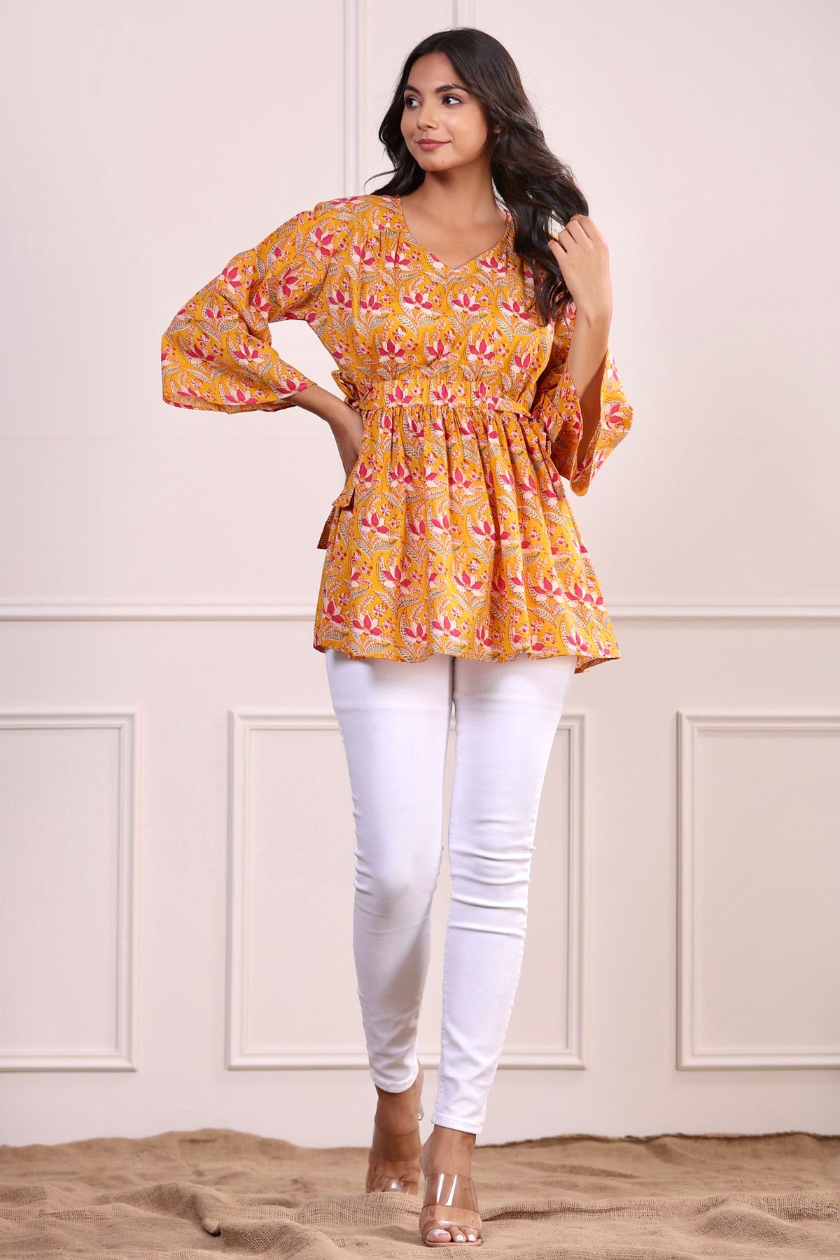 Saffron Print Cotton Short Kurti