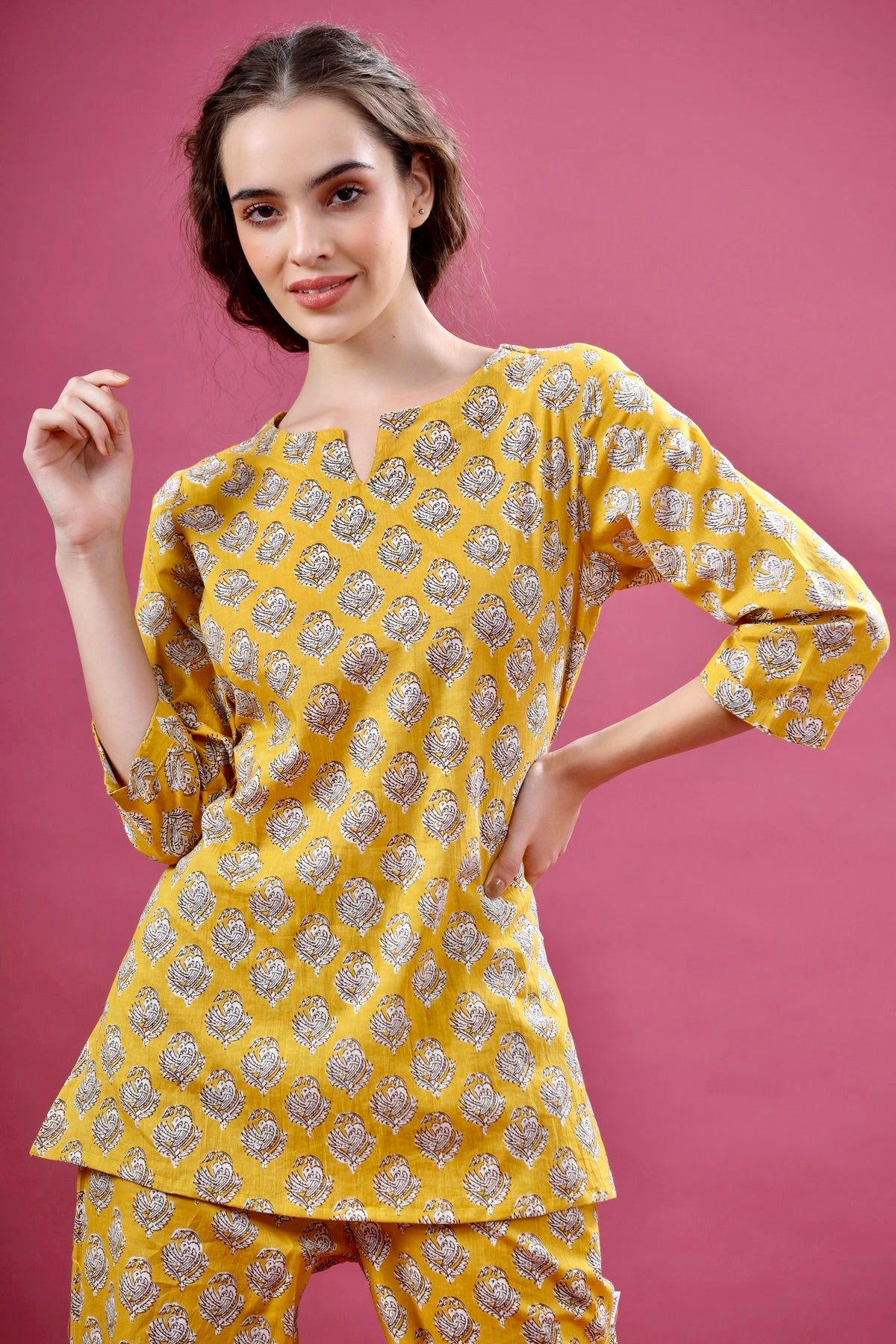 Floral Motifs On Yellow Loungewear Top Set