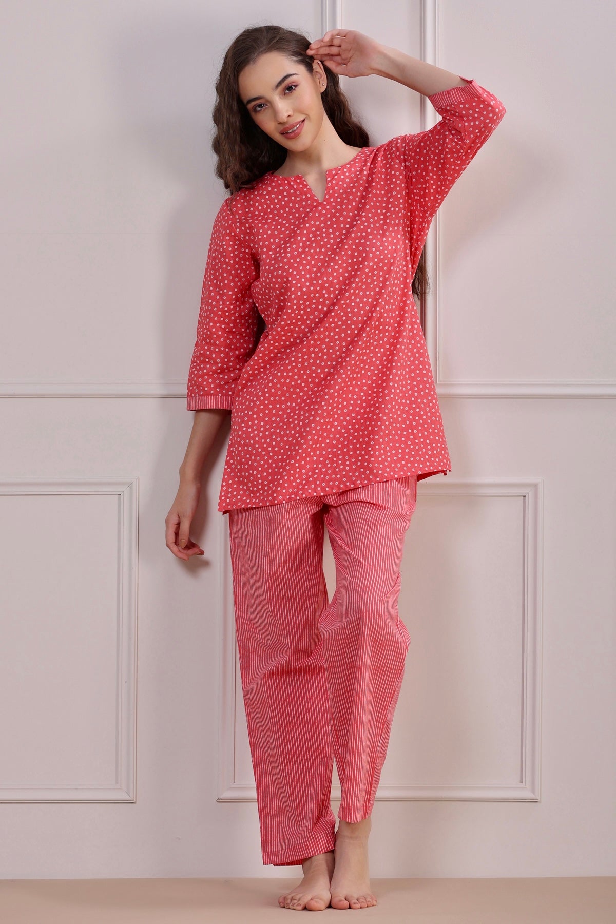 Polka Dots with Stripes on Peach Loungewear Top Set