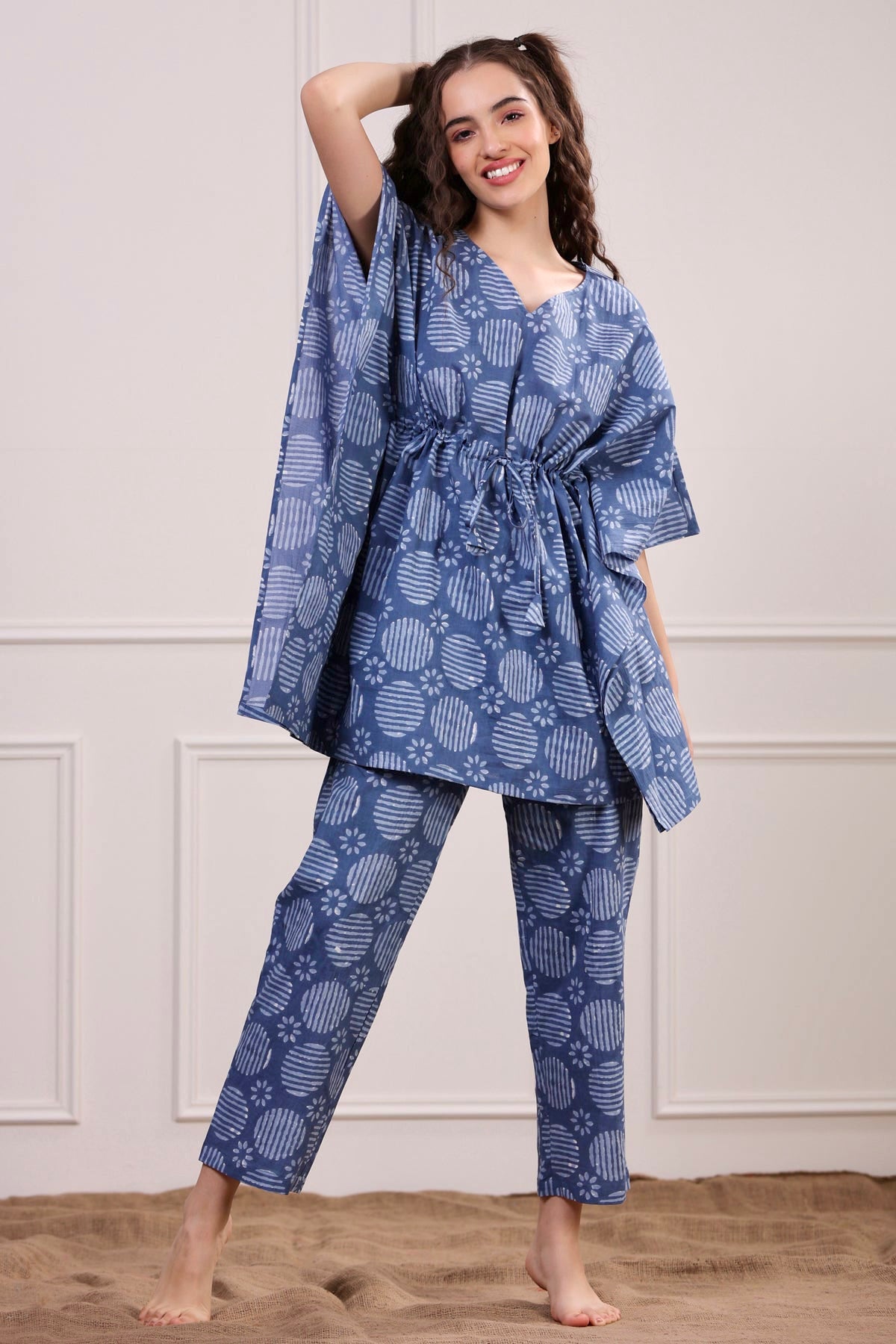 Bagru Print Blue Kaftan Pyjama Set